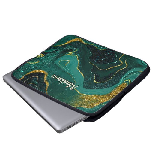 Eleganter türkisfarbener Marmor Imitat Gold Glitze Laptopschutzhülle (Vorne Knopf)