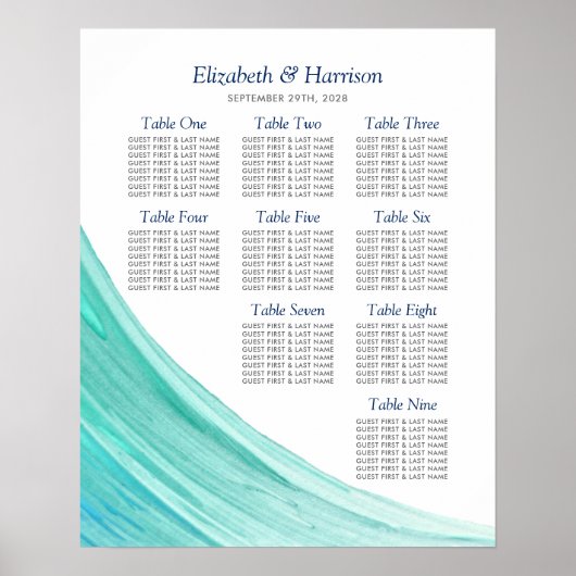 Eleganter türkisfarbener Tides Beach Hochzeitsplan Poster (Vorne)