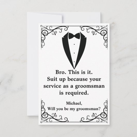 eleganter tuxedo minimaler chic Trauzeuge Vorschla Einladung (Vorderseite)