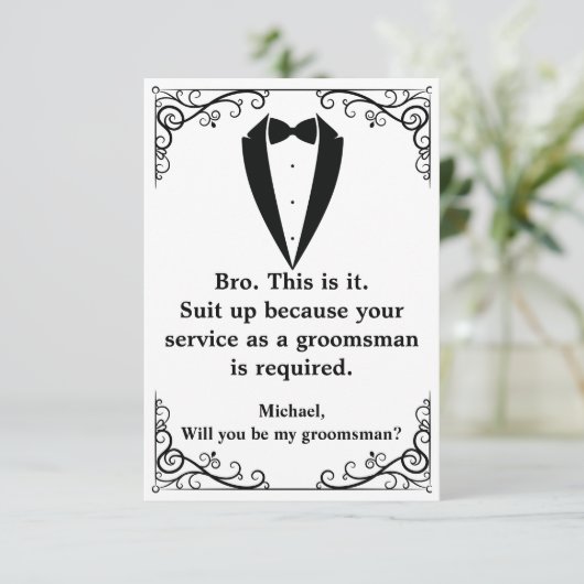 eleganter tuxedo minimaler chic Trauzeuge Vorschla Einladung (Stehend Vorderseite)