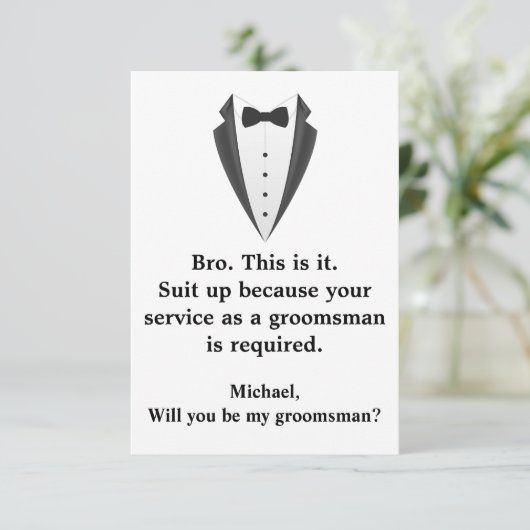 eleganter tuxedo minimaler moderner Trauzeuge Einladung (Stehend Vorderseite)