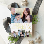 Eleganter Typ Holiday Multi-Foto Real Foil Card Folien Feiertagskarte<br><div class="desc">Diese elegante Urlaubskarte verfügt über vier Fotos (ein horizontales und drei kleinere quadratische Foto), einen frischen, weißen Hintergrund und "Merriest Christmas" in Goldfolie. Auf der Rückseite befindet sich ein Kraftsackpapier-Hintergrund. Stellen Sie dieses Design weiter ein, indem Sie ein anderes Foto und/oder Text auf der Rückseite hinzufügen! Die goldene Folie auf...</div>