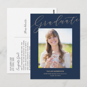 Eleganter Typografie Navy Blue & Gold Abschluss Postkarte