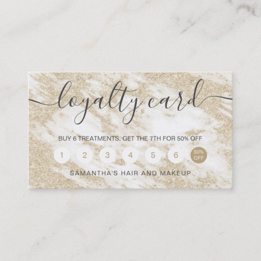eleganter TypografiegoldGlitter-Weißmarmor Treuekarte (Vorderseite)