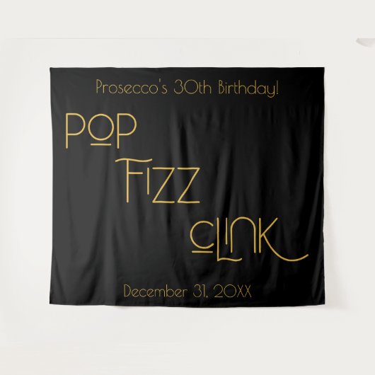Eleganter Typografy Pop Fizz Clink Birthday Wandteppich (Vorderseite (Horizontal))