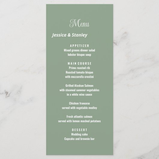 Eleganter und einfacher grüner Salbei Menükarte (Vorderseite)