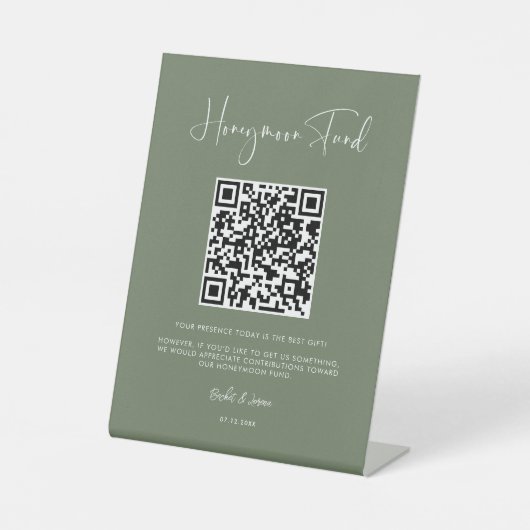 Eleganter und moderner Dark sage Honeymoon Fund QR Sockelschild (Vorderseite)
