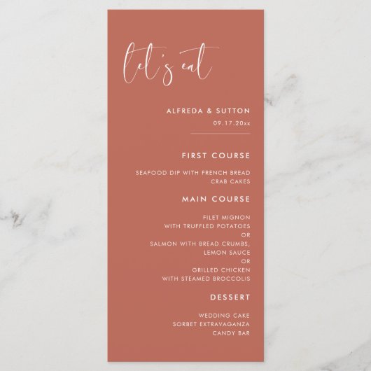 Eleganter und moderner Roter Lehm essen wir Hochze Menükarte (Vorderseite)