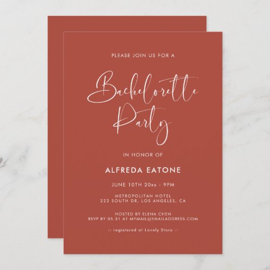 Eleganter und moderner Terracotta-Junggeselinnen-A Einladung (Vorne/Hinten)