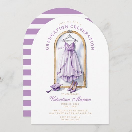 Eleganter und Whimsical Lila Dress Abschluss Einladung (Vorne/Hinten)