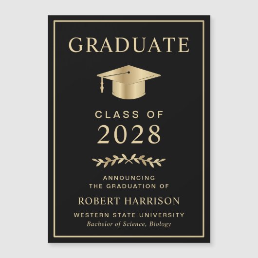 Eleganter Uni Black Gold Abschluss Magneteinladung (Vorderseite)