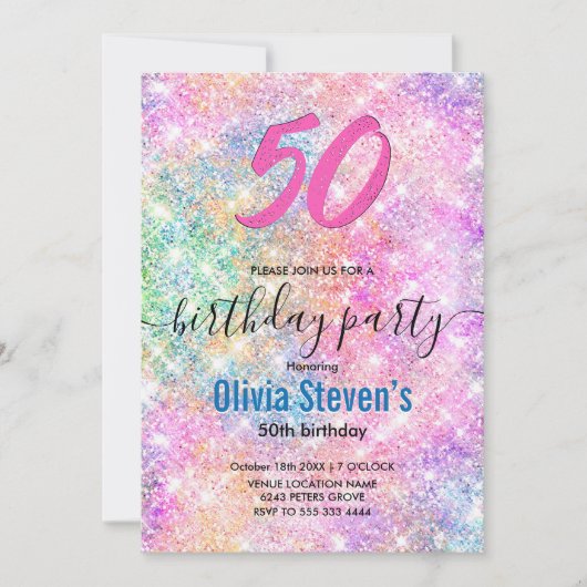 Eleganter, uralter, unicorner Regenbogen-Glitzer Einladung (Vorderseite)