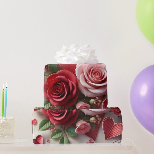 Eleganter Valentinstag in Rote Rose und Herz Geschenkpapier (Partygeschenke)
