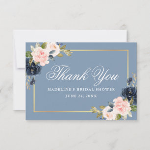 Eleganter verstaubter blauer rosa floraler goldene dankeskarte