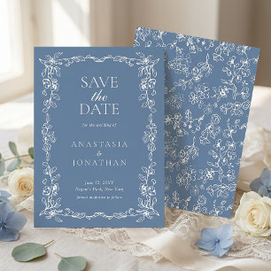 Eleganter verstaubter blauer Vintage-Blumenhochzei Save The Date