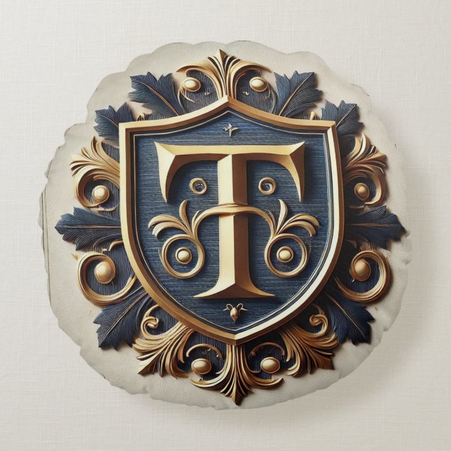 Eleganter Verzierter Heraldischer Schild Rundes Kissen (Vorderseite)