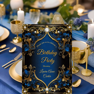 Eleganter Verzierter Royal Blue Gold Geburtstag Einladung