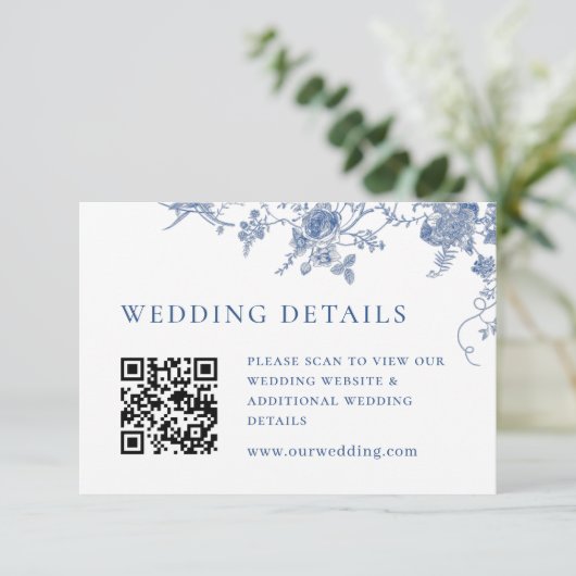 Eleganter Viktorianischer Blue Floral QR-Code Deta Begleitkarte (Stehend Vorderseite)