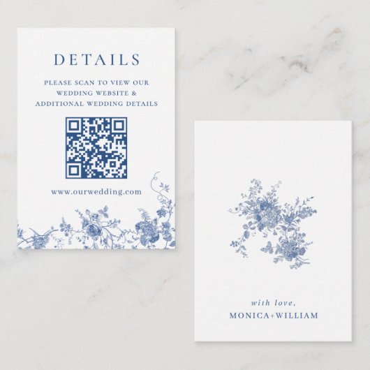 Eleganter Viktorianischer Blue Floral QR-Code Deta Begleitkarte (Vorne/Hinten)