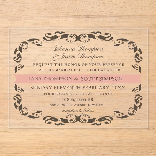 Eleganter Viktorianischer Blüh Filligree White Wed Acryleinladungen (Vorderseite)