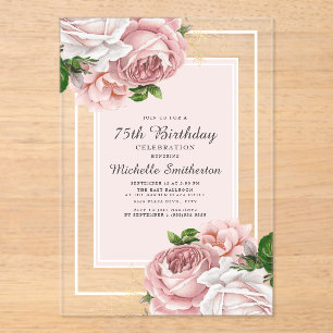 Eleganter Vintag Blush Pink Floral 75. Geburtstag Acryleinladungen