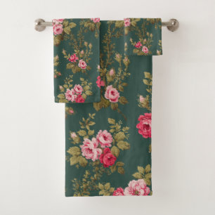 Eleganter Vintag rosa Rosen-grüner Hintergrund Badhandtuch Set