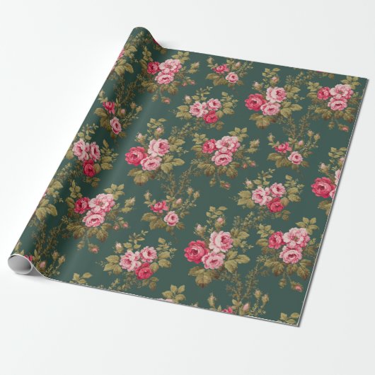 Eleganter Vintag rosa Rosen-grüner Hintergrund Geschenkpapier (Ungerollt)
