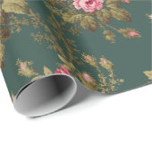 Eleganter Vintag rosa Rosen-grüner Hintergrund Geschenkpapier (Rolleneckpunkt)