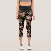 Eleganter Vintag rosa Rosen-Schwarzer Hintergrund Capri Leggings (Vorderseite)