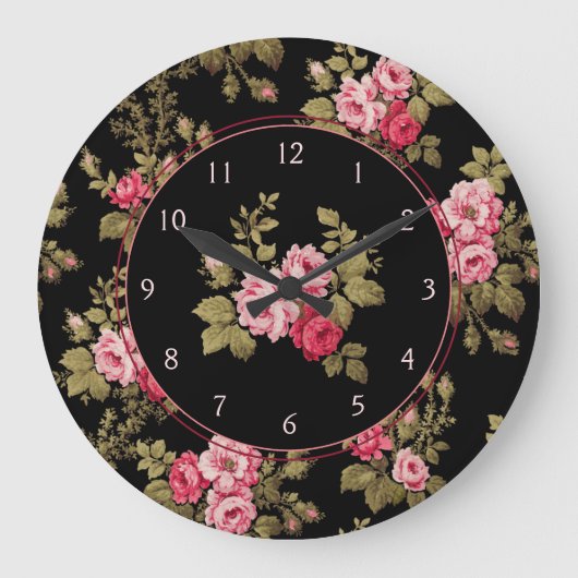 Eleganter Vintag rosa Rosen-Schwarzer Hintergrund Große Wanduhr (Vorderseite)