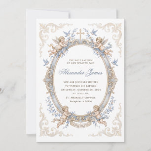 Eleganter Vintage-Blauer Cherub-Engel-Taufe Einladung