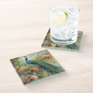 Eleganter Vintage-Blauer-Grüner-Pfau-Blumen-Laub Glasuntersetzer