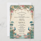 Eleganter Vintage-Blumen-Pfau-indische Hochzeit Einladung (Vorderseite)