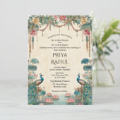 Eleganter Vintage-Blumen-Pfau-indische Hochzeit Einladung (Stehend Vorderseite)