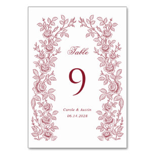 Eleganter Vintage-Blumenrahmen Burgunder Hochzeit Tischnummer