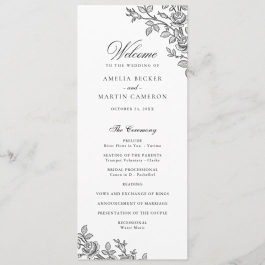 Eleganter Vintage-Blumenrahmen Schwarz-Weiß-Hochze Programm (Vorderseite)