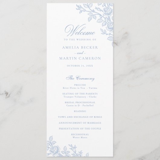 Eleganter Vintage-Blumenrahmen Staubblau-Hochzeit Programm (Vorderseite)