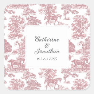 Eleganter Vintage-Chic-Rosa-Pferd-Toile-Hochzeit Quadratischer Aufkleber