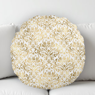 Eleganter Vintage-Damask Gold Weiß Rundes Kissen