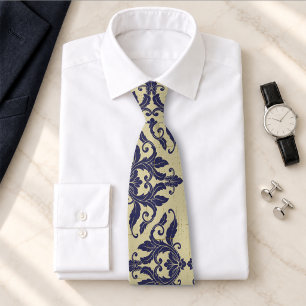 Eleganter vintage Damast navy Blau gelbes Monogram Krawatte