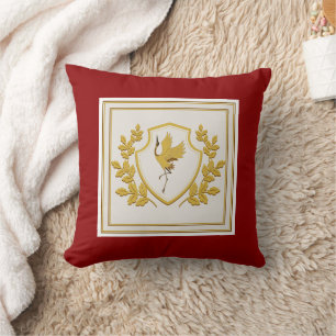 Eleganter Vintage-Goldkranich-Schild und Eichenlor Kissen