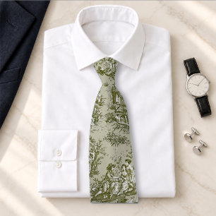 Eleganter vintage olivgrüner Toile-de-Jouy-Druck Krawatte