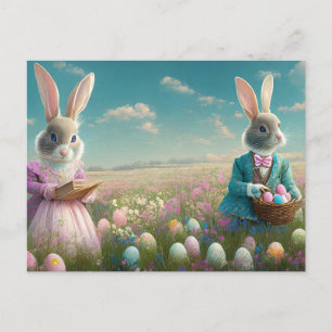 Eleganter Vintage-Osterhase Junge und Mädchen Feiertagspostkarte