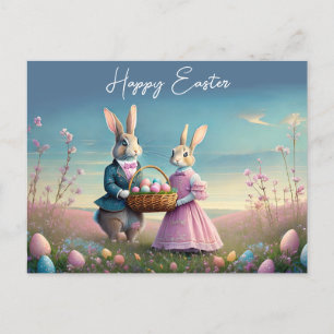 Eleganter Vintage-Osterhase Junge und Mädchen Postkarte