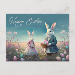 Eleganter Vintage-Osterhase Junge und Mädchen Postkarte