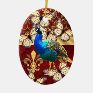 Eleganter vintage Pfau und roter Damast Keramikornament