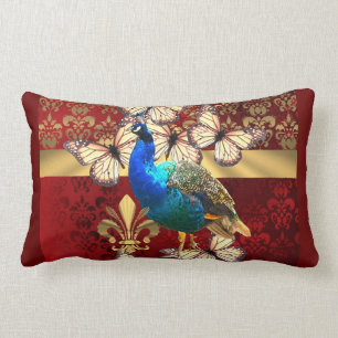 Eleganter vintage Pfau und roter Damast Lendenkissen