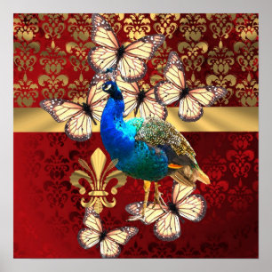 Eleganter vintage Pfau und roter Damast Poster