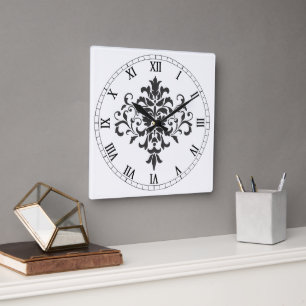Eleganter vintage schwarz-weißer Damast Quadratische Wanduhr