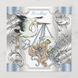 Eleganter Vintage Silber und Blau Storch Baby Jung Einladung
